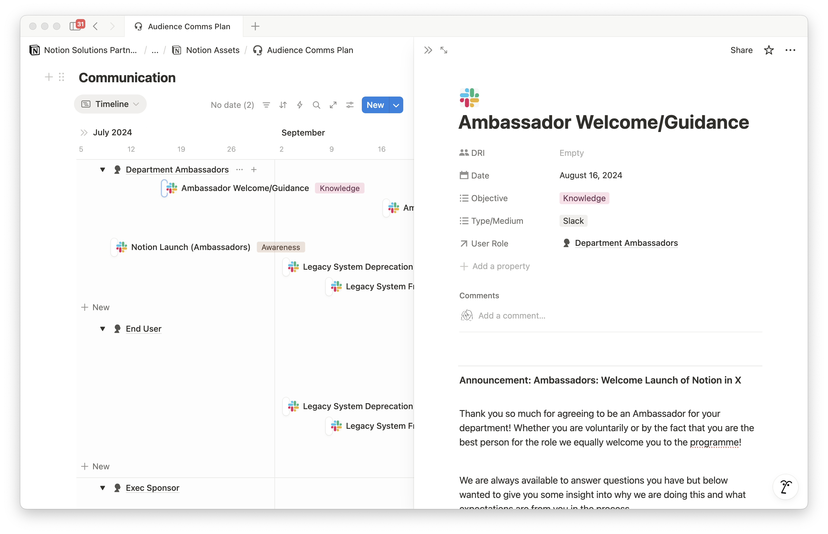Example of building comms plan in Notion
