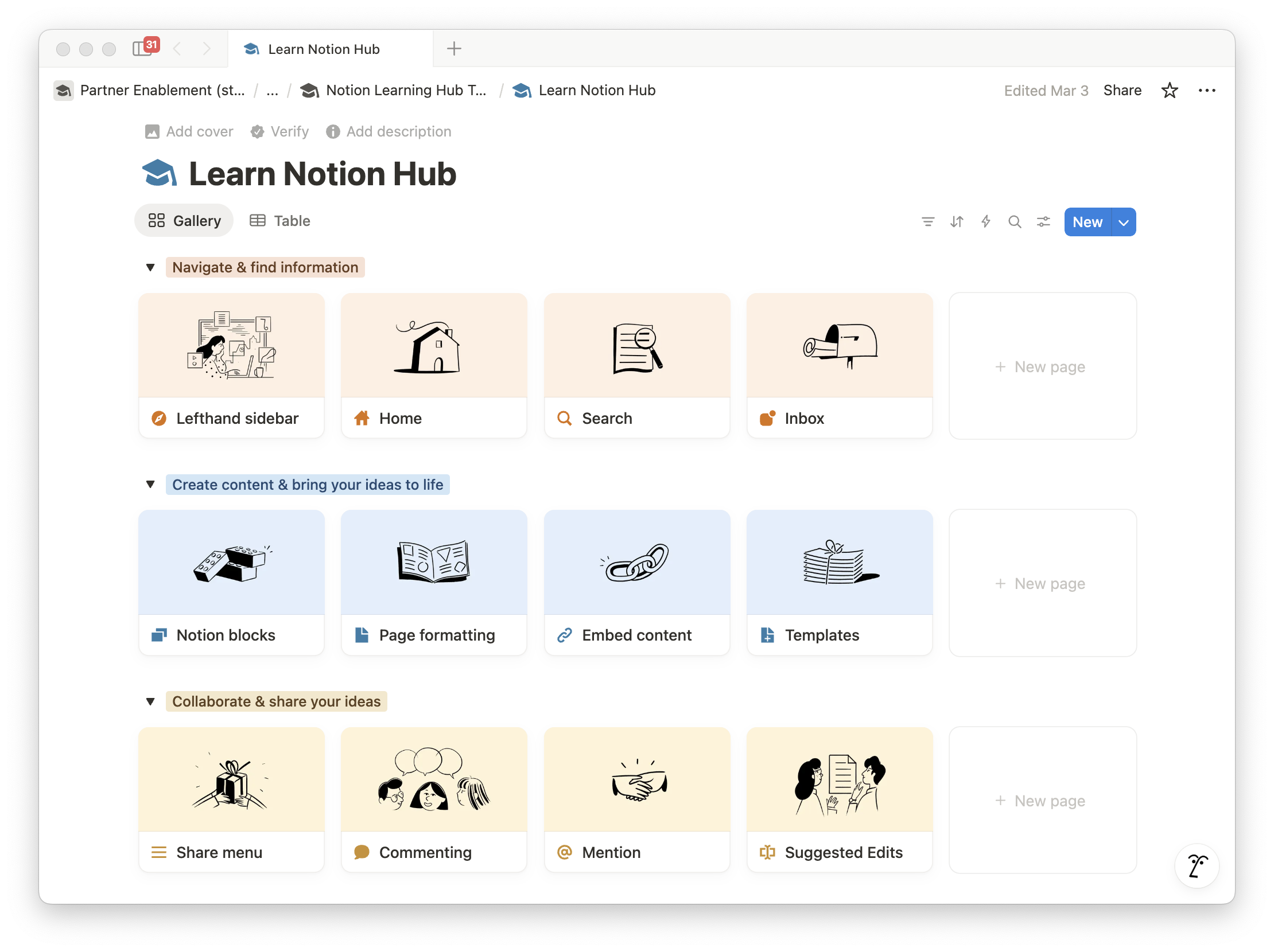 Example of learning hub in Notion