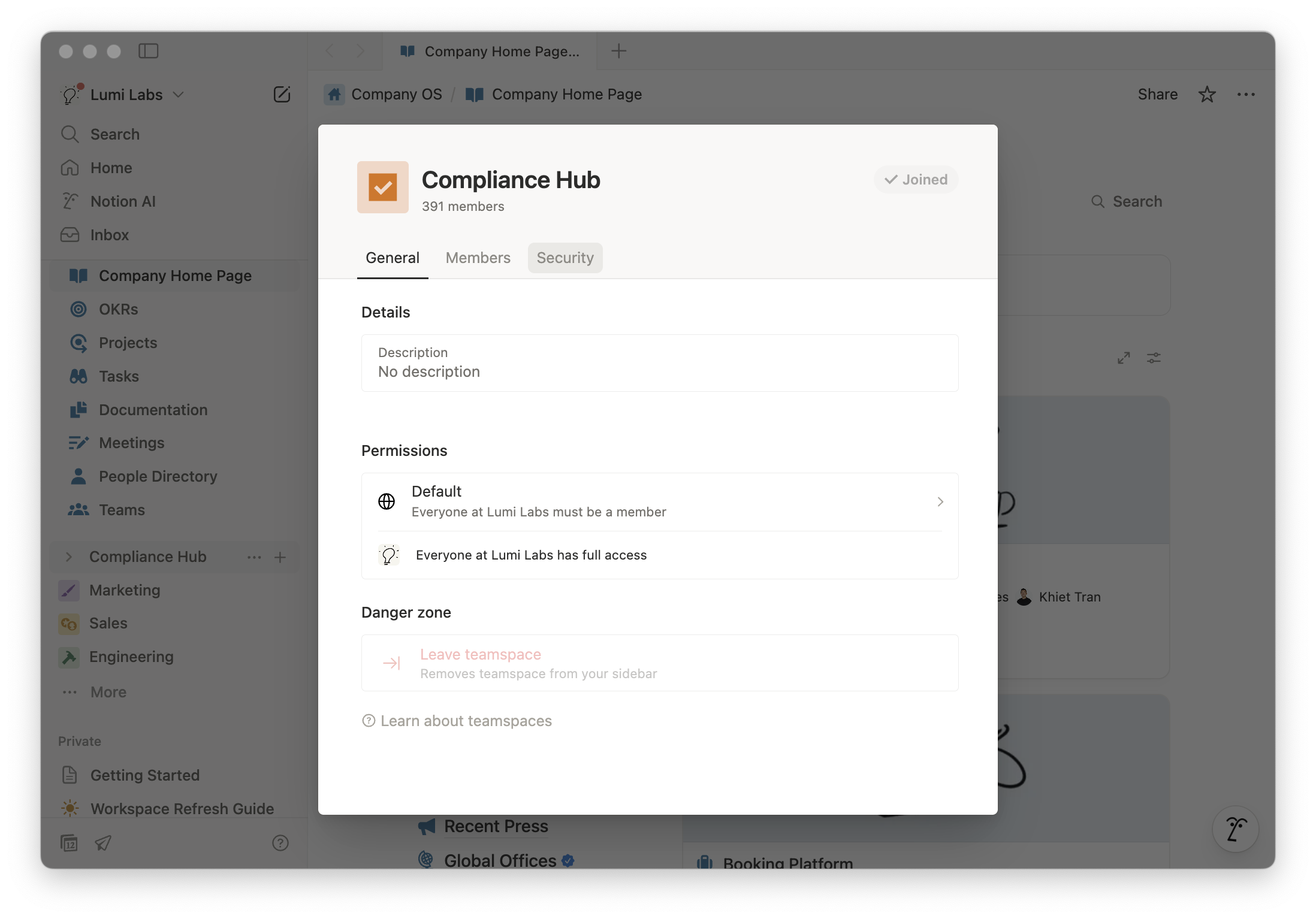 Teamspace access in Notion