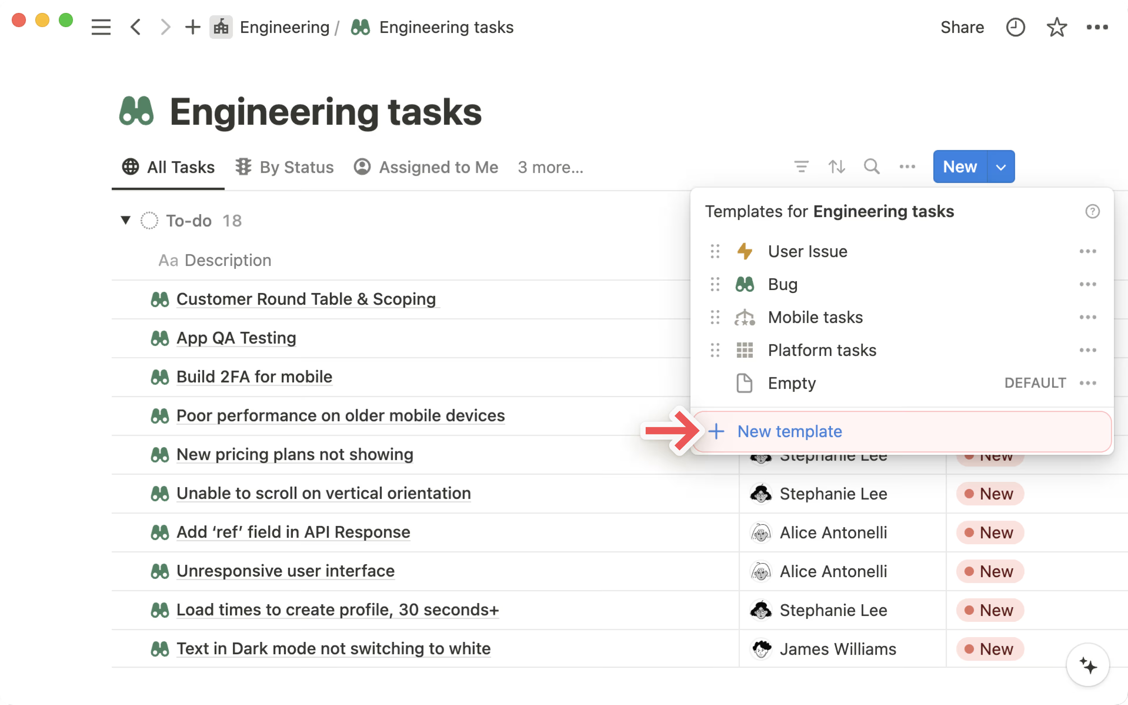 New Template option in databases
